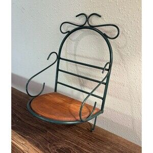 Vintage 1980s Wall Shelf Green Metal Frame and Wood Half Moon Base Cottage Decor